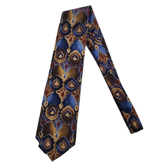 AC01 * Cellini Linea Uomo Mens Silk Tie Blue Tan Gold Length 58" - Picture 1 of 4